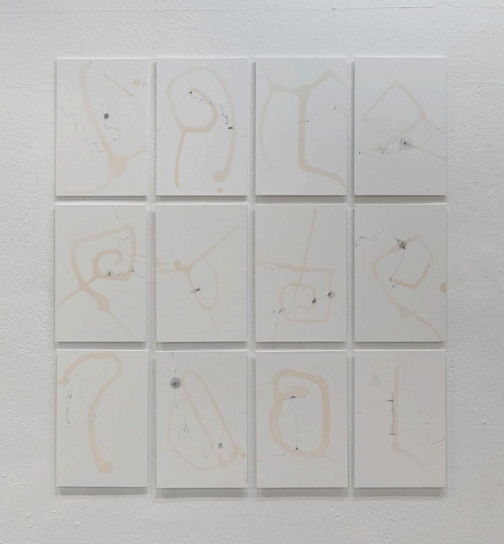 Spiral Arms 1_1200x970mm_tea water, bees wax on canvas board_12 panel