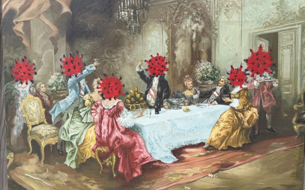 NYE Dinner Party - 2019, oil on original painting - Daub, W85xH55cm