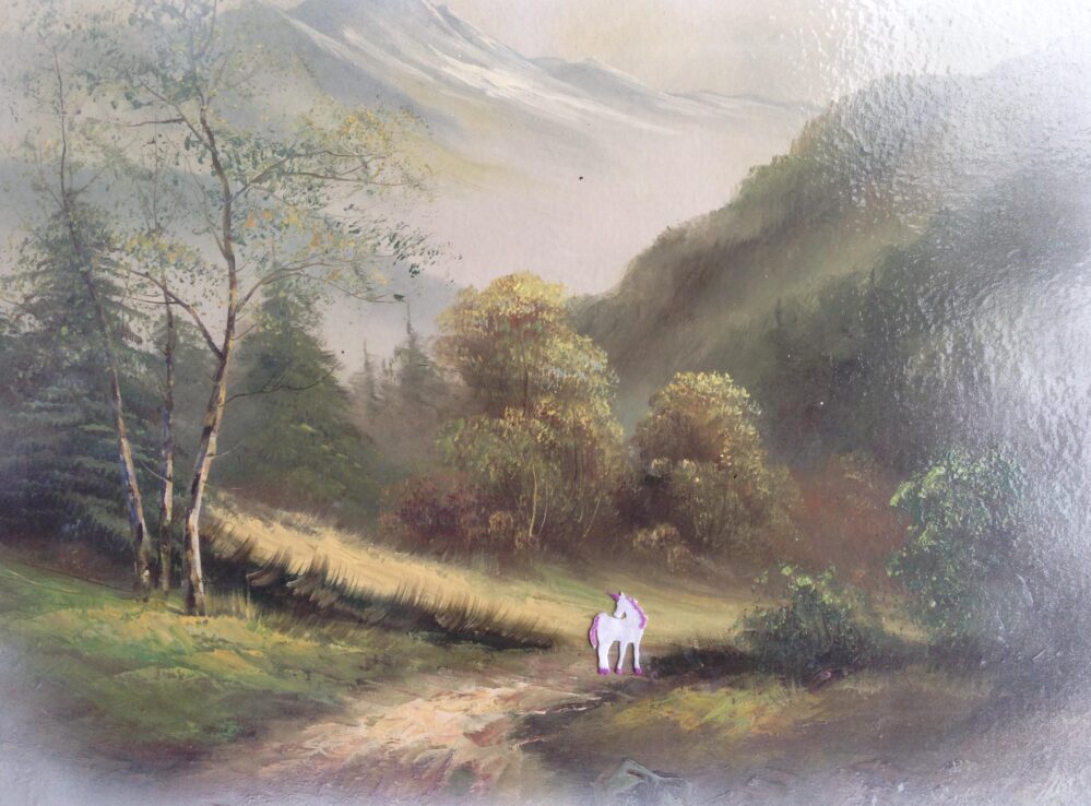 Unicorn at the Crossroads - 2020, felt, spray paint on original painting - Daub, W91xH62cm