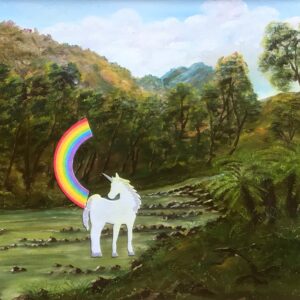 Unicorn in a Forest - 2020, felt figure on rescued painting - Daub W68xH58cm