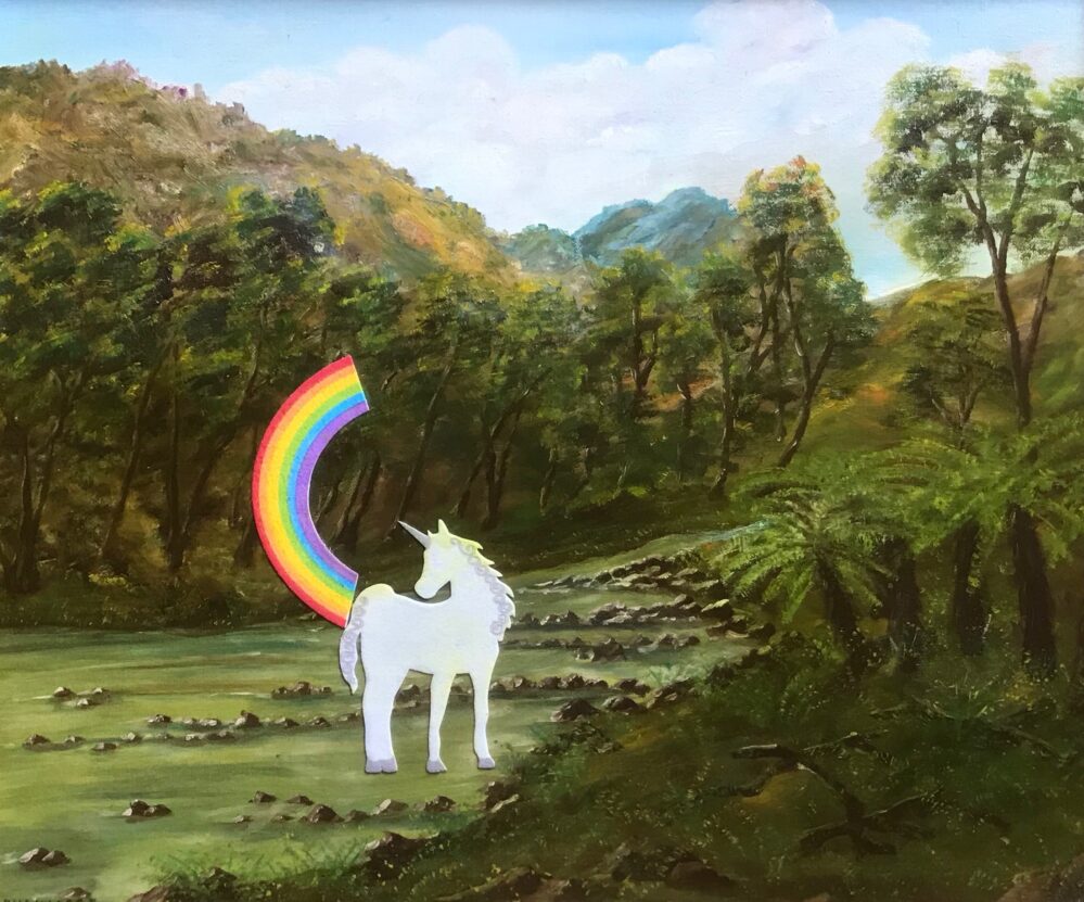 Unicorn in a Forest - 2020, felt figure on rescued painting - Daub W68xH58cm