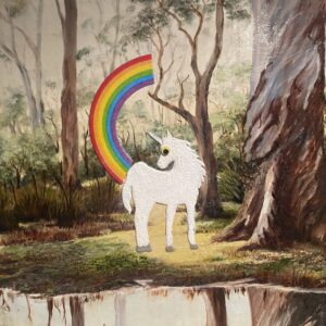 Unicorn by a Billabong - 2020, felt figure on original painting - Daub, W60xH53cm