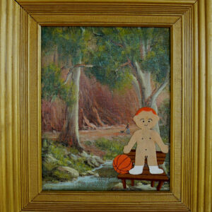 Boy on a Bench with a Ball - 2009, felt on original painting - Daub, W45xH50cm