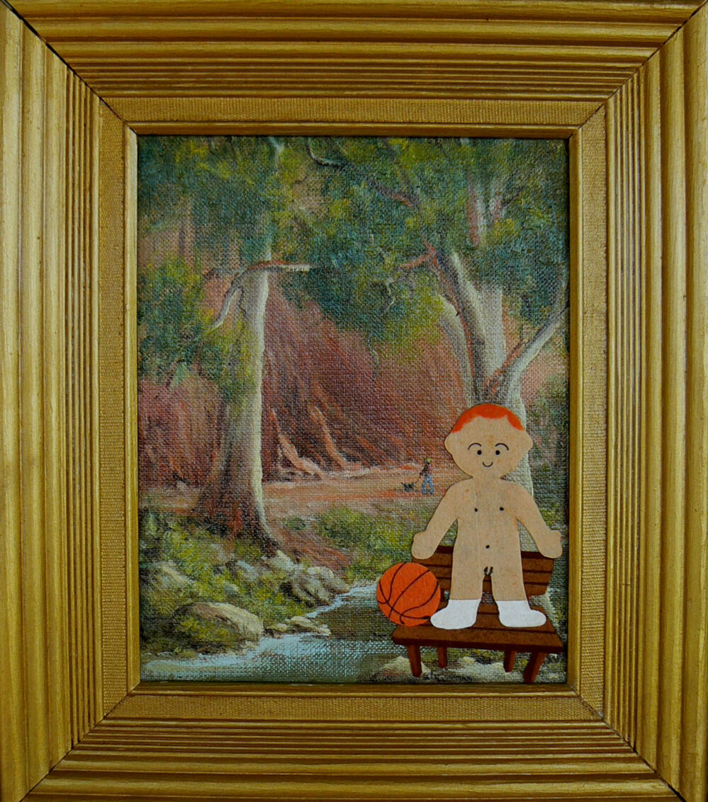 Boy on a Bench with a Ball - 2009, felt on original painting - Daub, W45xH50cm
