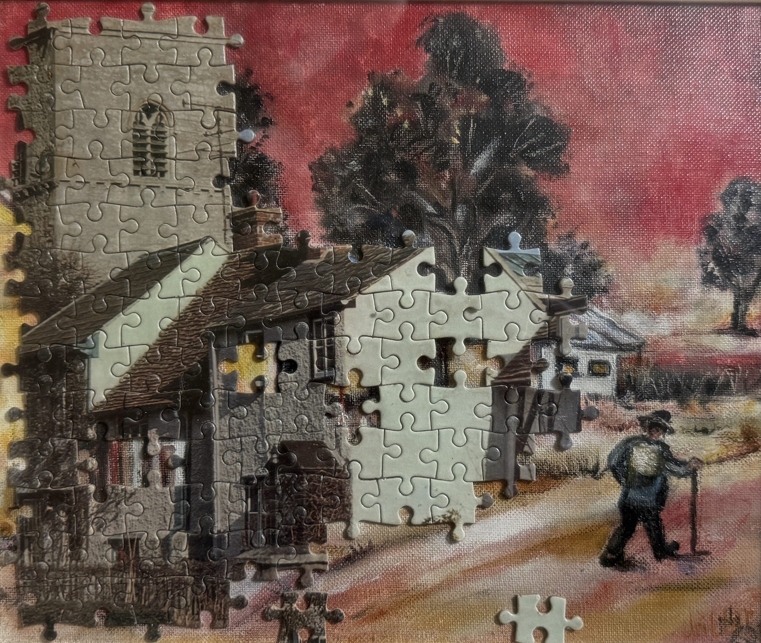 Leaving Puzzleton - 2003, puzzle pieces on original painting - Daub, W50xH45cm