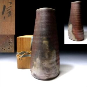 Japanese Bizen Ware Vase by Nobuyoshi Shibaoka _ 1st Class Potter, H240mm, with signed box, KD39