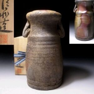 Japanese Bizen Ware Vase by Nobutoshi Kakumi _ Famous Potter, H250mm, with signed box, LR18