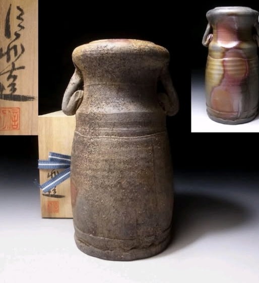 Japanese Bizen Ware Vase by Nobutoshi Kakumi _ Famous Potter, H250mm, with signed box, LR18