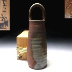 Japanese Bizen Ware Vase by Shinichiro Nakamura _ Famous Potter, H240mm, with signed box, NO39