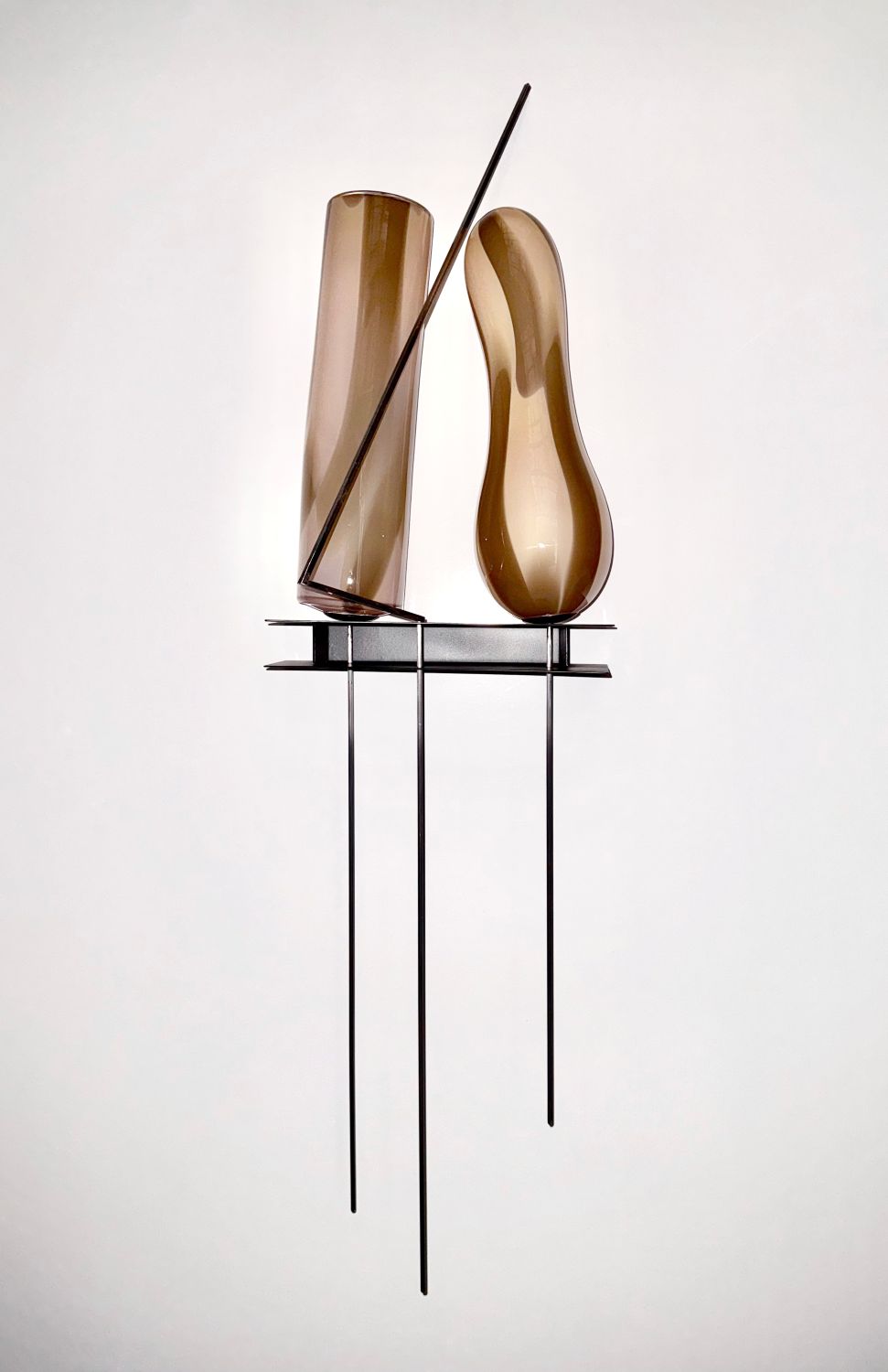 Shelved - Pink & Brown - h130 x 23 x 34cm, Pink & Brown Blown glass, murrini, mild steel, 2026 - N Mount